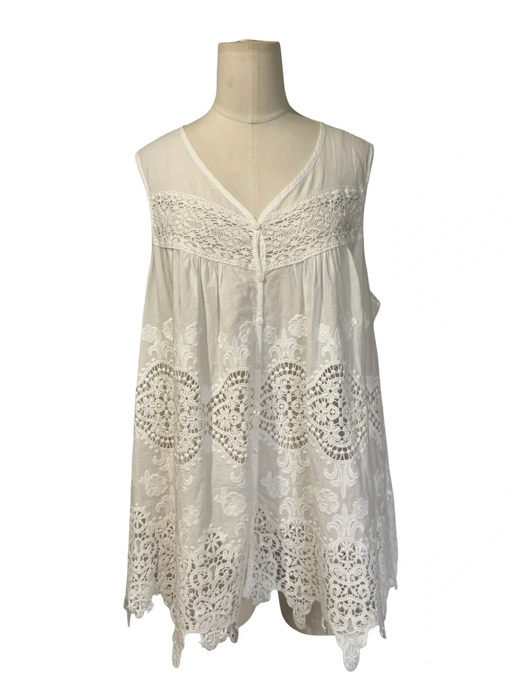 White Lace Embroidered Boho Tank Top 100% Cotton Sleeveless Crochet Trim Size M - Picture 2 of 10